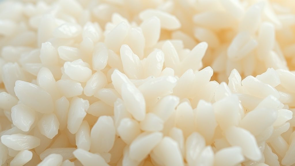 Close-up do arroz soltinho e brilhante após descongelar, destacando a textura perfeita.