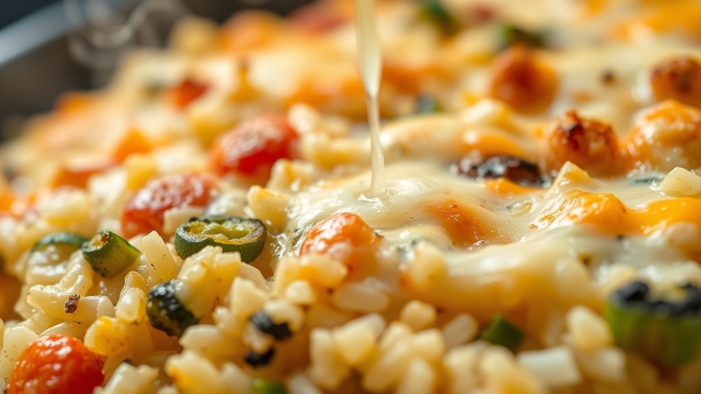 Close-up de uma colher servindo o arroz gratinado, realçando a textura cremosa