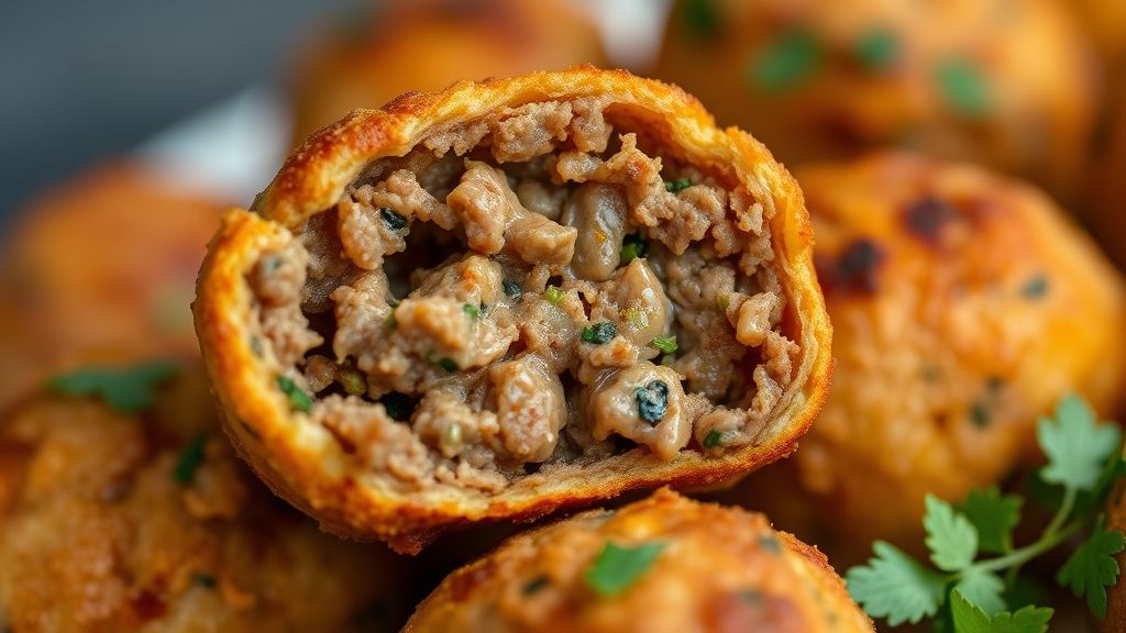 Close-up de bolinho crocante cortado ao meio, mostrando interior suculento.