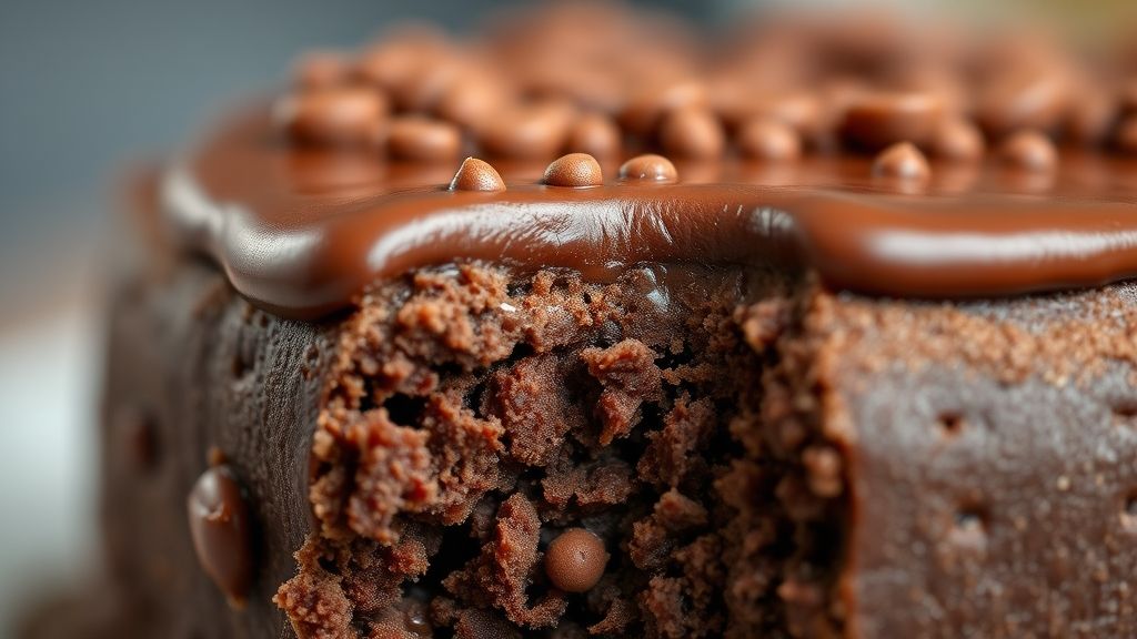 Close-up da fatia do bolo mostrando a textura macia e recheio cremoso de brigadeiro