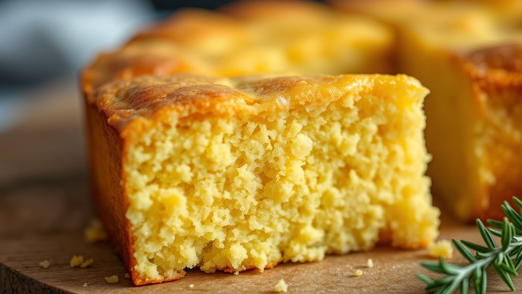 Close-up de uma fatia de bolo cremoso de milharina, com textura úmida e dourada