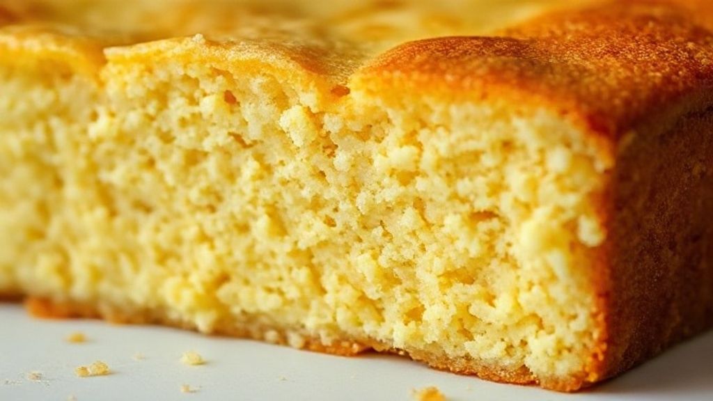 Close-up de fatia de bolo de aipim cremoso, destacando sua textura úmida e dourada