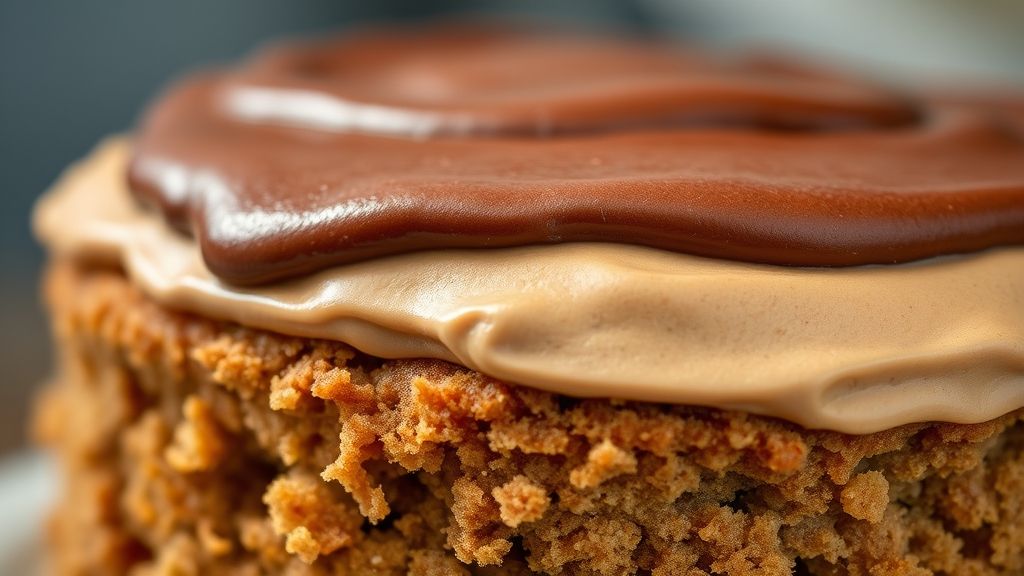 Close-up mostrando a massa leve do bolo com a cobertura brilhante de chocolate