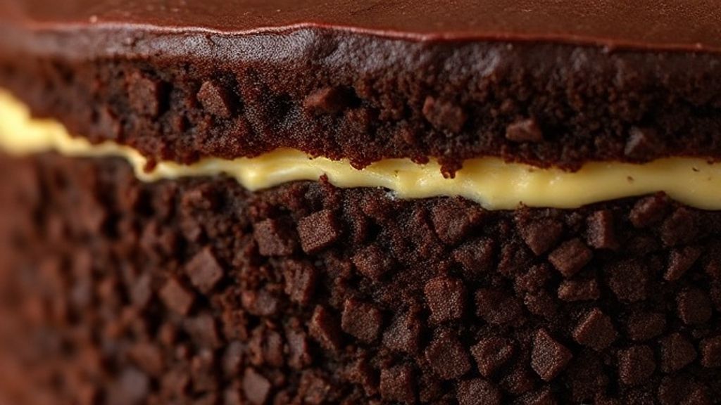 Close-up da fatia de bolo trufado mostrando textura úmida e recheio cremoso