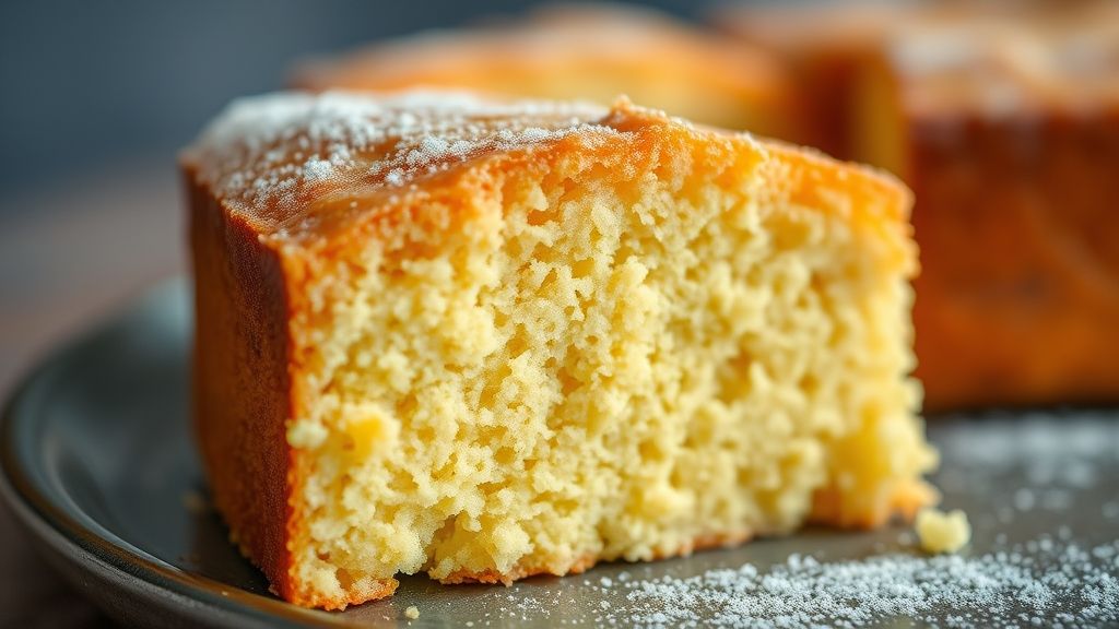 Close-up do bolo de fubá com laranja já cortado, destacando a textura fofa e dourada