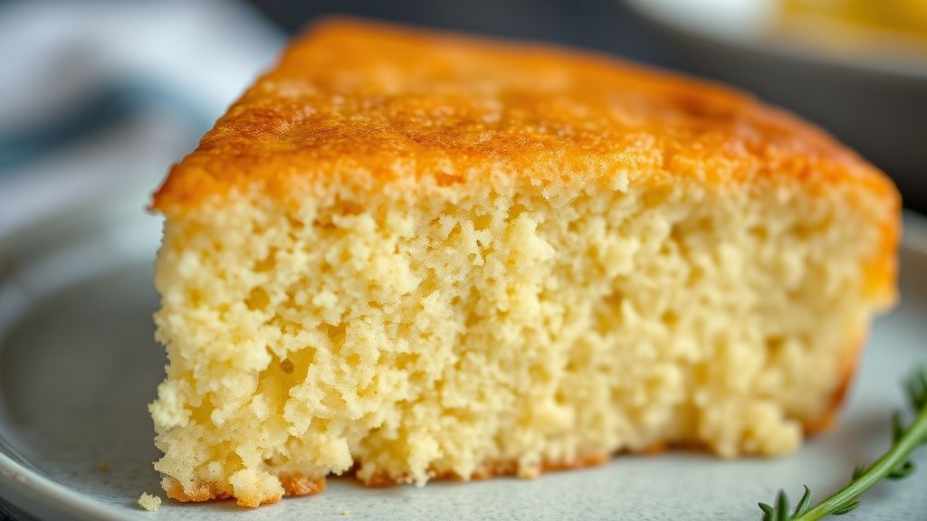 Close-up de fatia de bolo de fubá fofinho, destacando textura macia e dourada