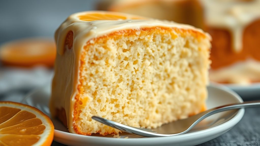 Close-up mostrando a textura macia e úmida do bolo de laranja recém-cortado