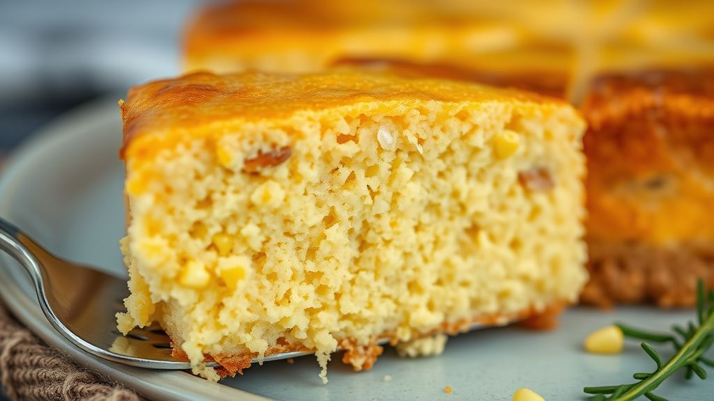 Close-up de uma fatia do bolo de milho cremoso mostrando a textura úmida no interior.