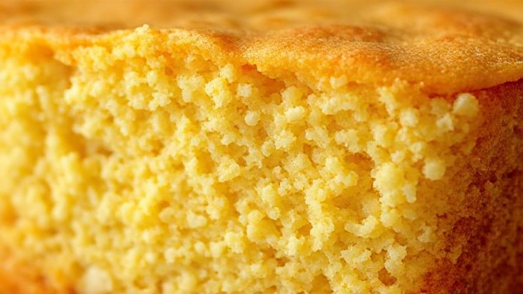 Close-up do bolo de milho cremoso em fatia, destacando textura macia e úmida.
