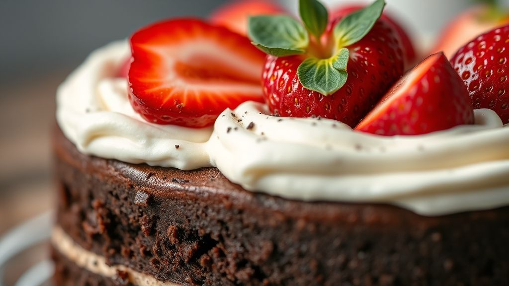 Close-up mostrando a textura macia do bolo com recheio de chantilly e morangos frescos, decorado com raspas de chocolate.