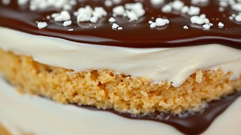 Close-up da sobremesa pronta mostrando as camadas de bolo, creme branco e cobertura de ganache decorada com coco ralado.