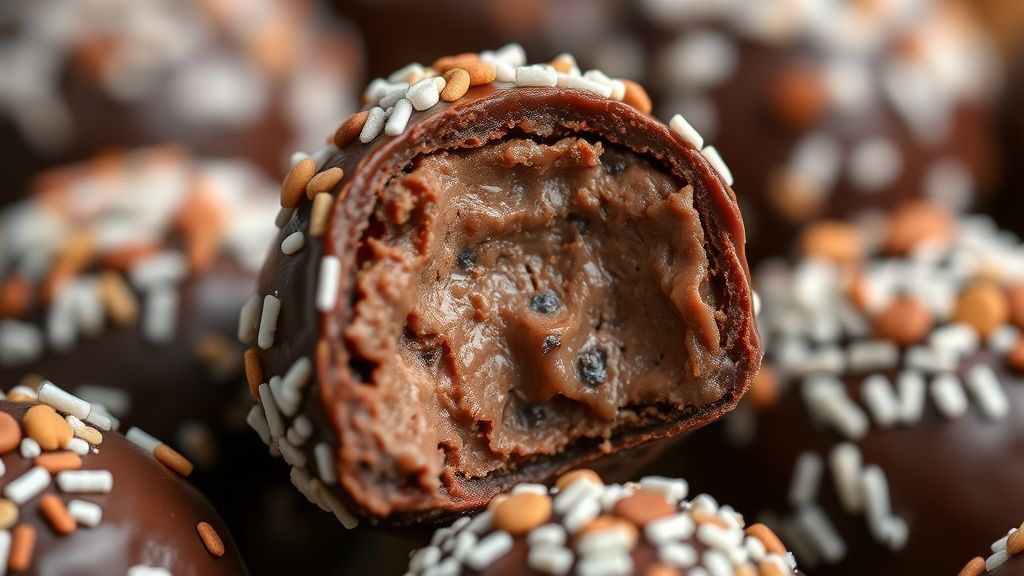 Close-up da fatia de brigadeiro de forno cremosa, com cobertura de granulado brilhante.