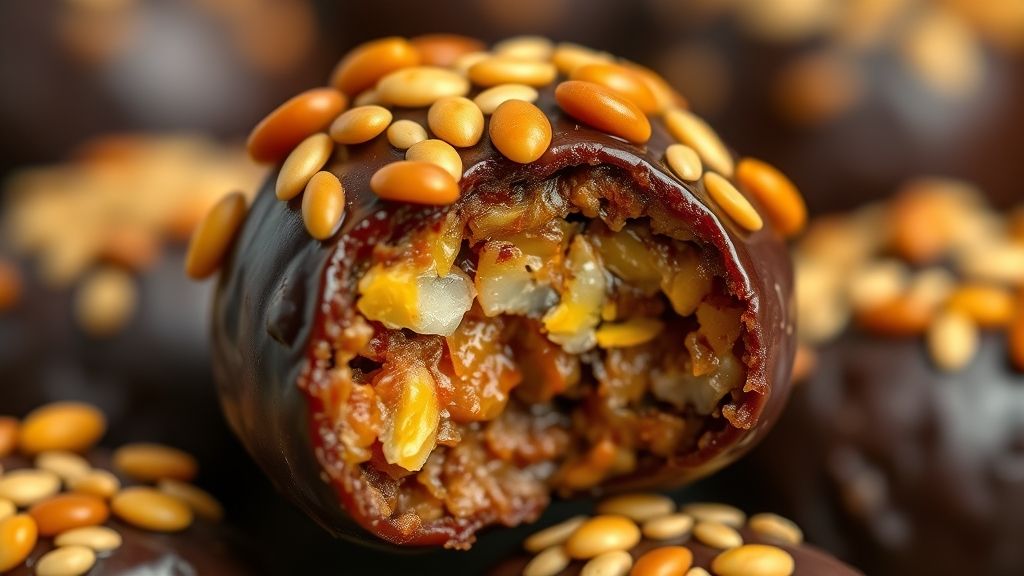 Close-up de um brigadeiro de maracujá pronto, destacando a textura brilhante e as sementes caramelizadas na cobertura