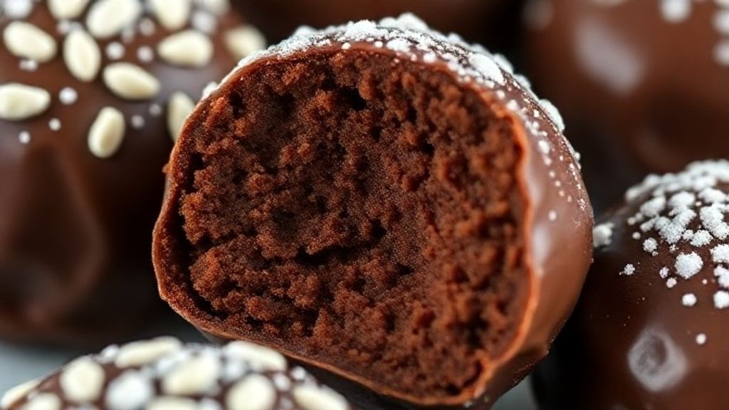Close-up de um brigadeiro pronto com granulado, destacando a textura cremosa e o brilho do chocolate