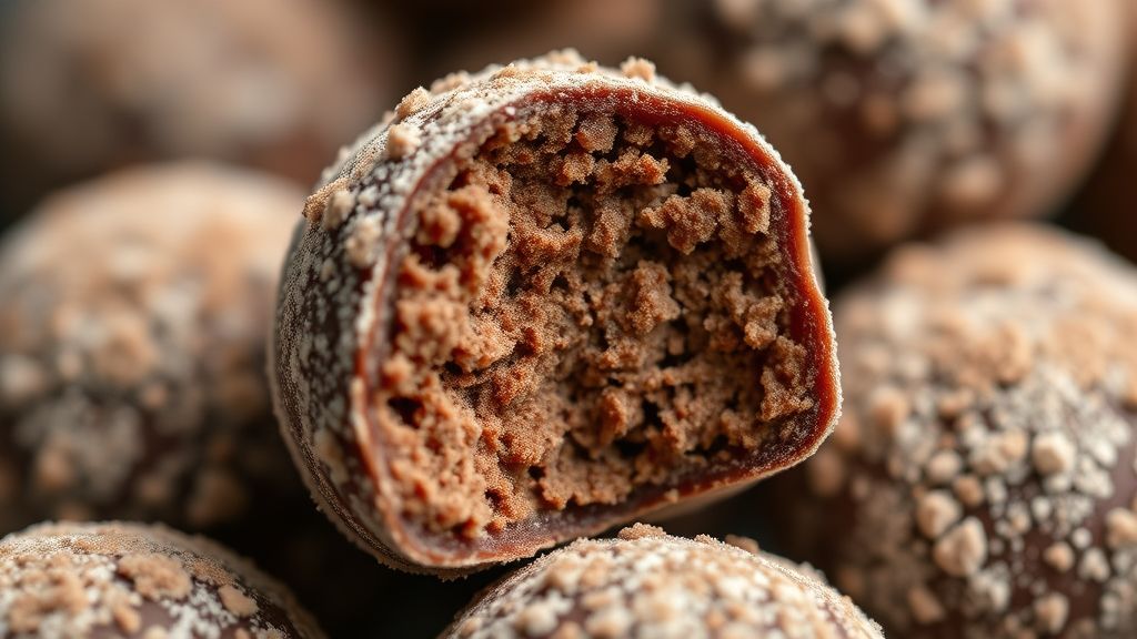 Close-up de brigadeiro enrolado e coberto com cacau, destacando textura cremosa