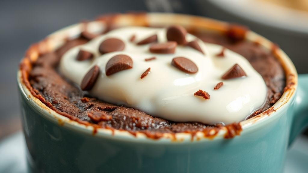 Close-up do brownie de caneca saindo fumegante com textura úmida e cobertura cremosa.