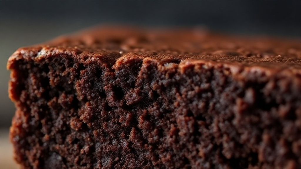 Close-up de um pedaço de brownie mostrando a casquinha crocante e o miolo úmido.