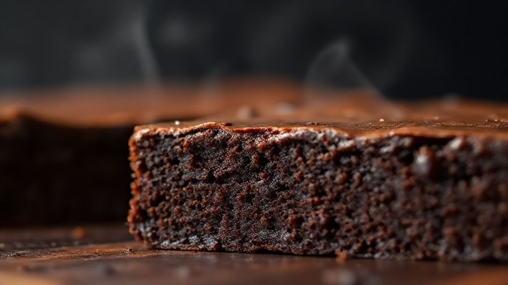 Close-up de um pedaço de brownie de Nescau cortado, destacando sua textura úmida por dentro e crocante por fora