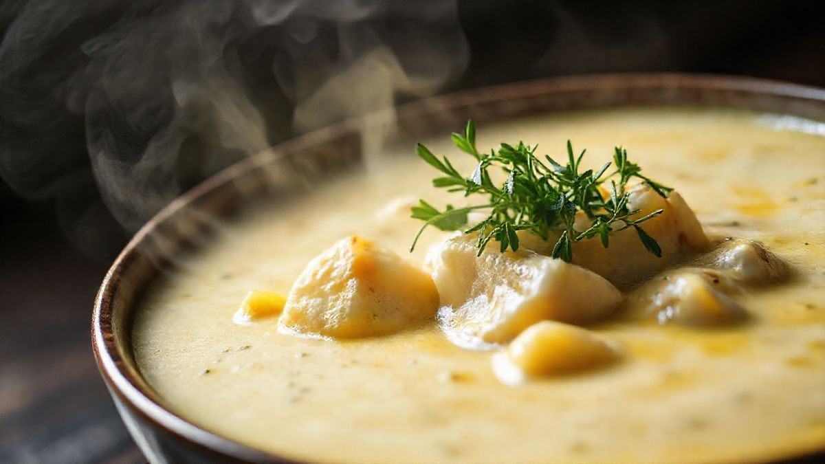 Close-up do caldinho cremoso, com azeite extra virgem brilhando na superfície