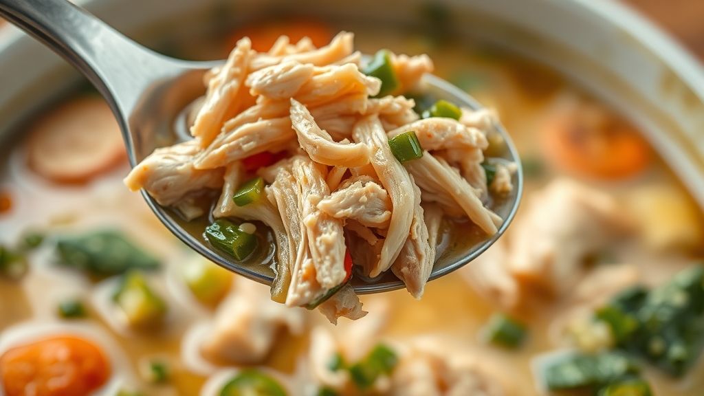 Close-up de uma colher levantando o caldo mostrando frango desfiado e legumes macios.
