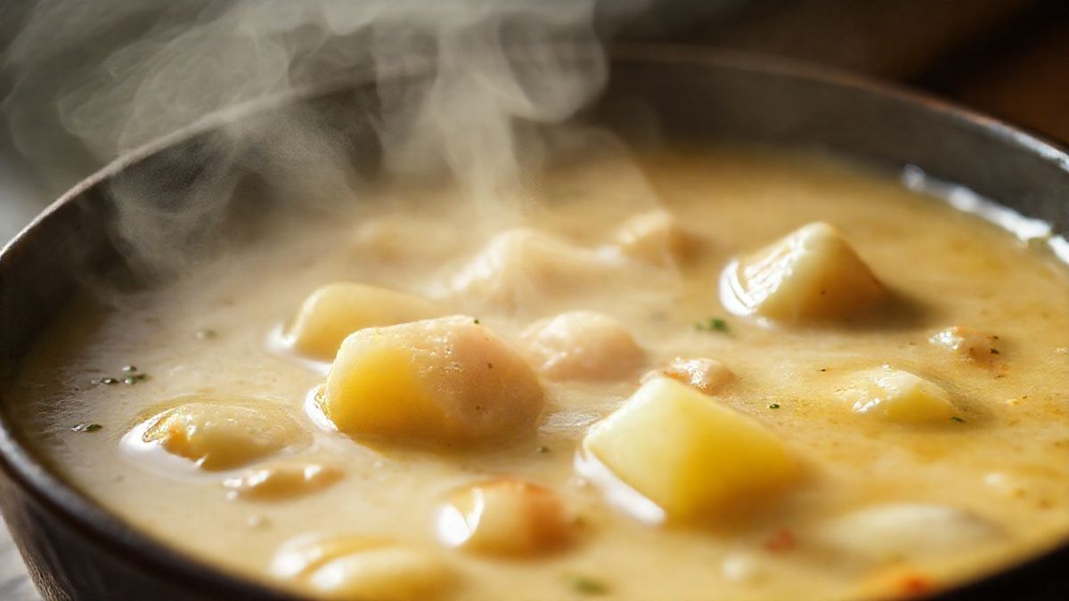 Close-up do caldo de peixe com batata mostrando textura cremosa e pedaços de peixe e legumes