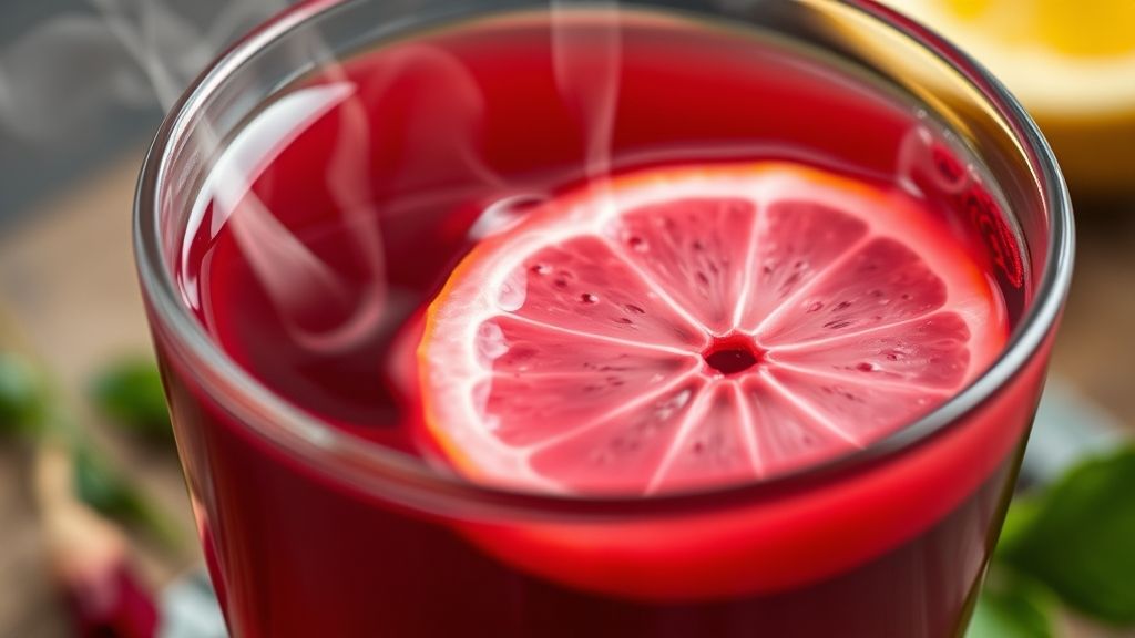 Close-up do chá pronto em copo de vidro, destacando o tom avermelhado e rodela de limão.