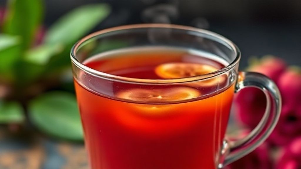 Close-up da textura vibrante do chá pronto, destacando cor avermelhada e vapor delicado.