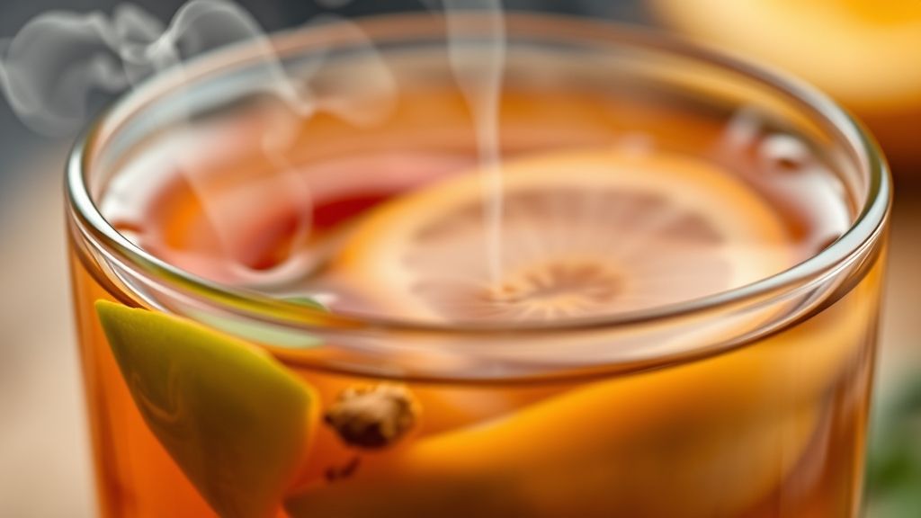 Close-up da xícara de chá detox com cor vibrante, destacando vapor suave e textura da infusão