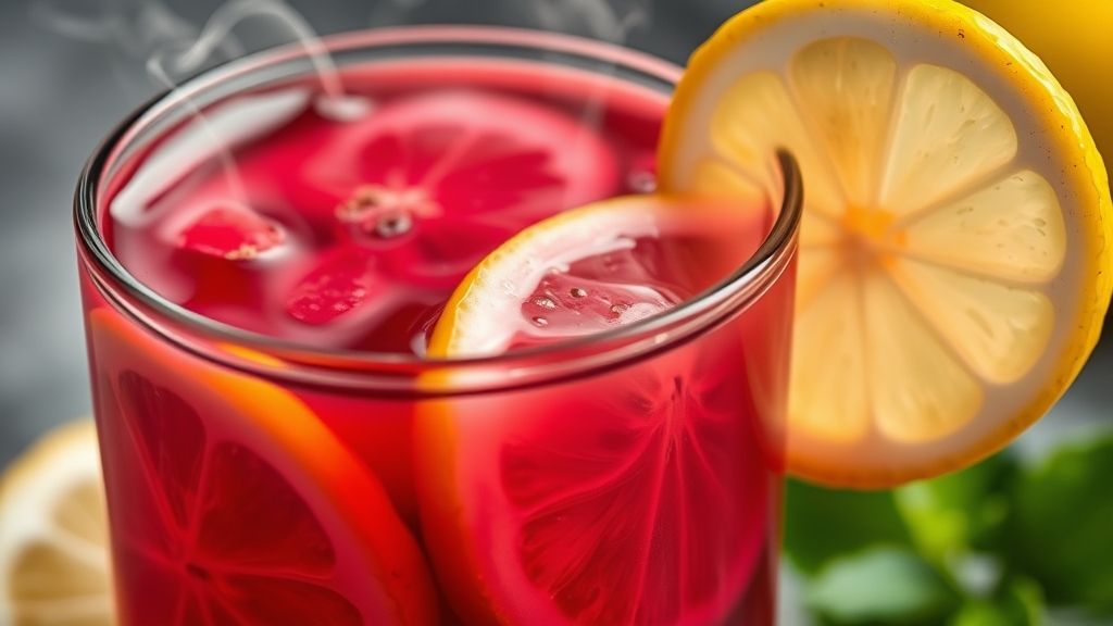 Close-up do chá pronto em copo de vidro, destacando a cor intensa do hibisco e as rodelas de limão