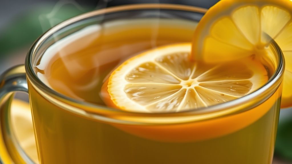 Close-up do chá detox finalizado em xícara transparente, destacando cor vibrante e rodelas de limão