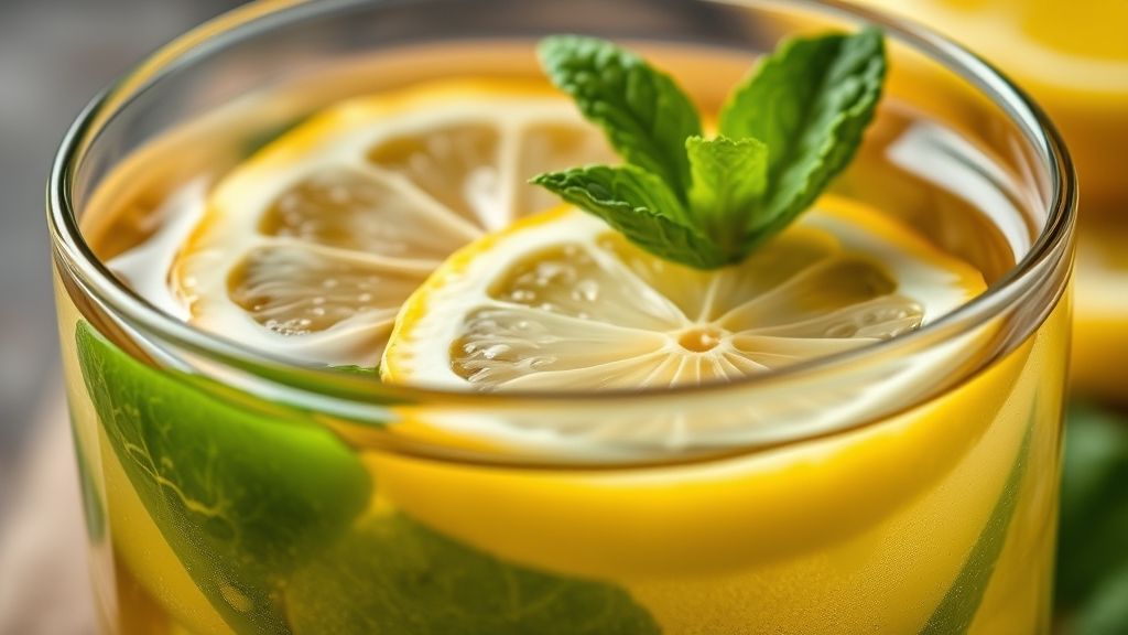 Close-up detalhado da xícara de chá detox com fatia de limão e folhas de hortelã, mostrando textura e leve vapor