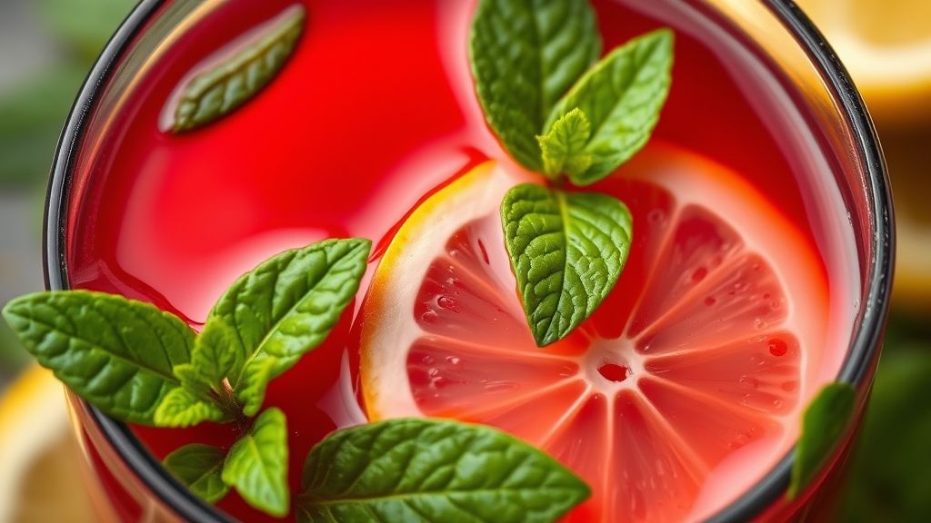 Close-up do chá pronto, vermelho brilhante com folhas de hortelã fresca e rodelas de limão
