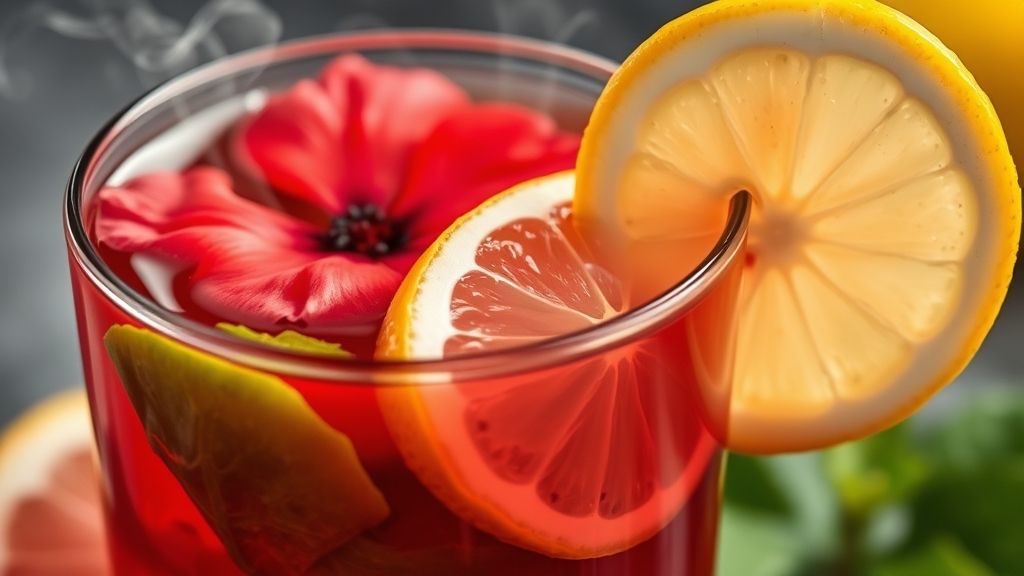 Close-up da xícara de chá detox energizante mostrando cor vibrante e textura do hibisco com limão fresco