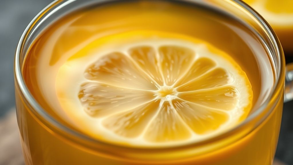 Close-up da xícara de chá detox com vapor subindo, mostrando cor dourada e pedaços de gengibre.