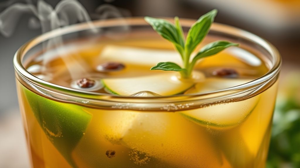 Close-up da xícara de chá detox mostrando vapor subindo, limão ao lado e hortelã fresca destacando a textura da bebida.