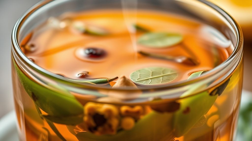 Close-up de uma xícara de chá detox com vapor subindo, destacando a cor intensa e frescor das ervas