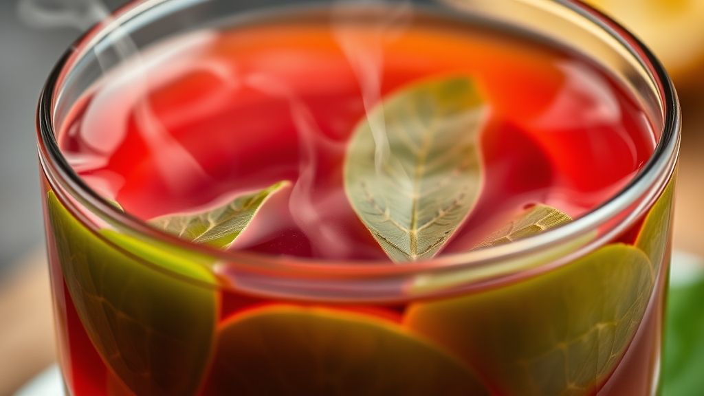 Close-up da xícara fumegante de chá detox, destacando cor vibrante e textura fresca