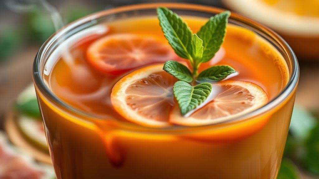 Close-up da xícara de chá detox fumegante, mostrando cor vibrante e detalhes das folhas.