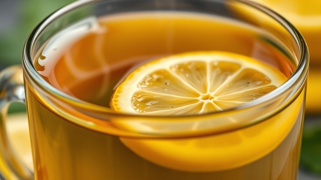 Close-up do chá servido em xícara com limão fresco e folhas de hortelã, mostrando a cor vibrante.
