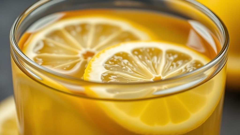 Close-up da xícara de chá detox com rodelas de limão e leve vapor subindo