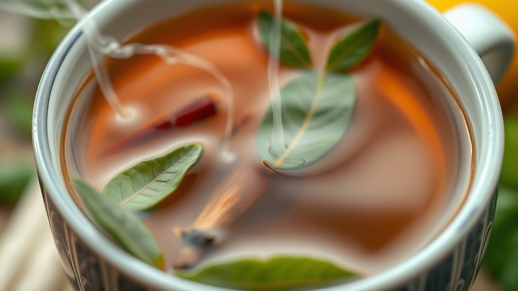 Close-up da xícara de chá detox fumegante, mostrando textura e cor vibrante