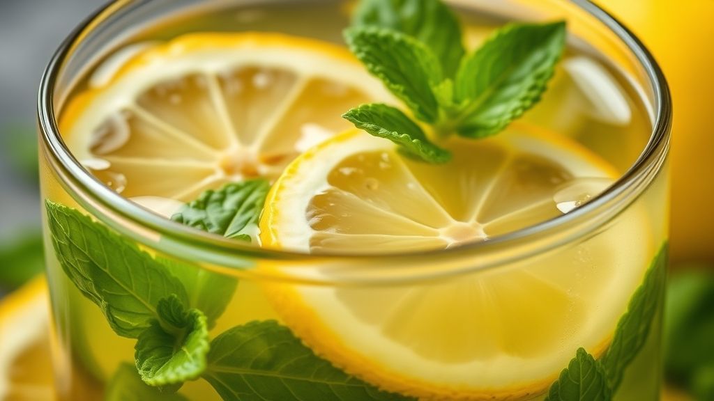 Close-up do chá detox servido em uma xícara de vidro com fatia de limão e folhas de hortelã frescas
