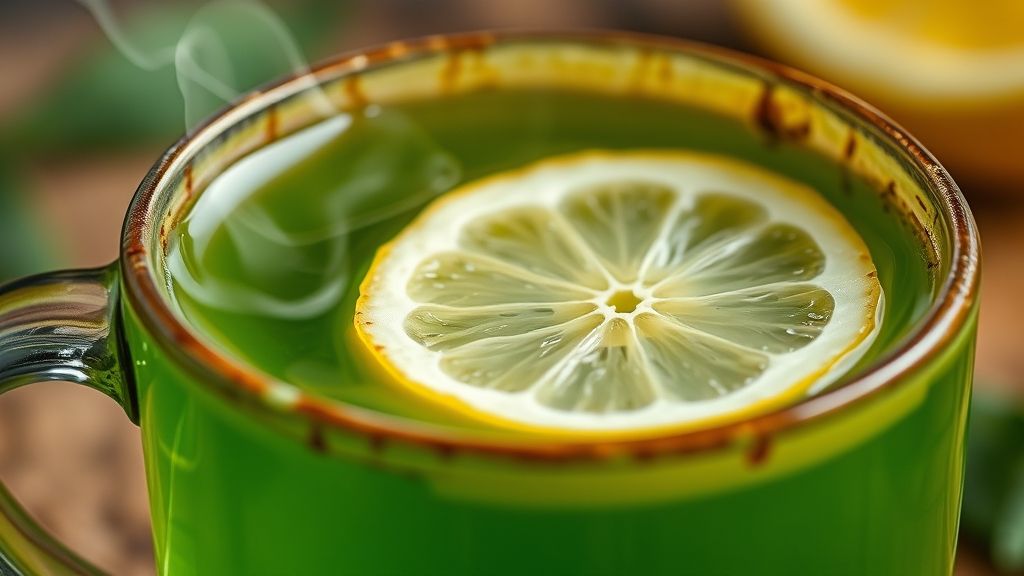 Close-up da xícara de chá verde fumegante com uma rodela de limão, destacando a cor vibrante e o frescor