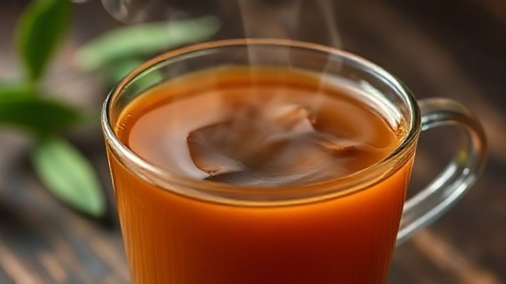 Close-up da xícara de chá detox mostrando detalhes da infusão e vapor aromático