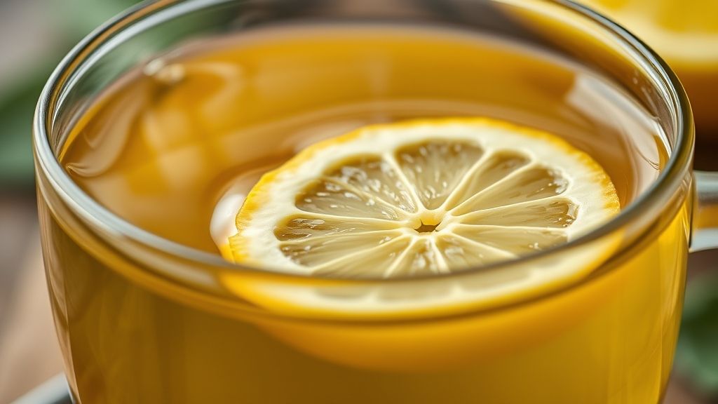 Close-up do chá pronto em uma xícara de vidro, destacando textura, vapor e folhas frescas.