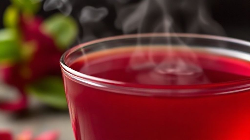 Close-up da xícara de chá detox, mostrando vapor subindo e detalhe da cor avermelhada do hibisco
