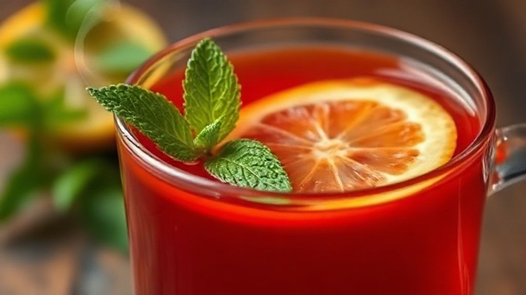 Close-up da xícara de chá detox com vapor subindo, mostrando textura e coloração vibrante