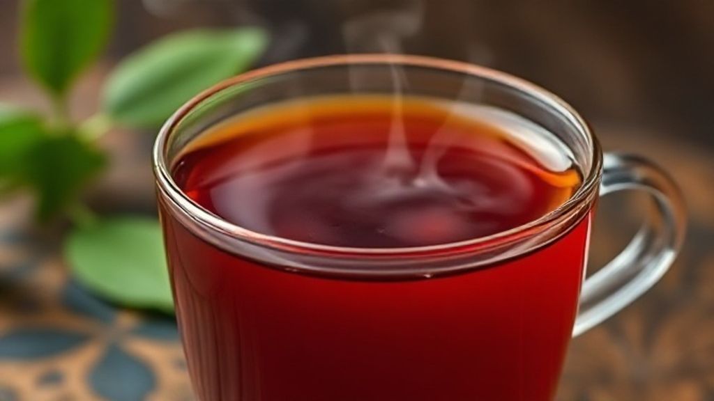 Close-up de chá detox servido em caneca de cerâmica, destacando cor intensa e vapor