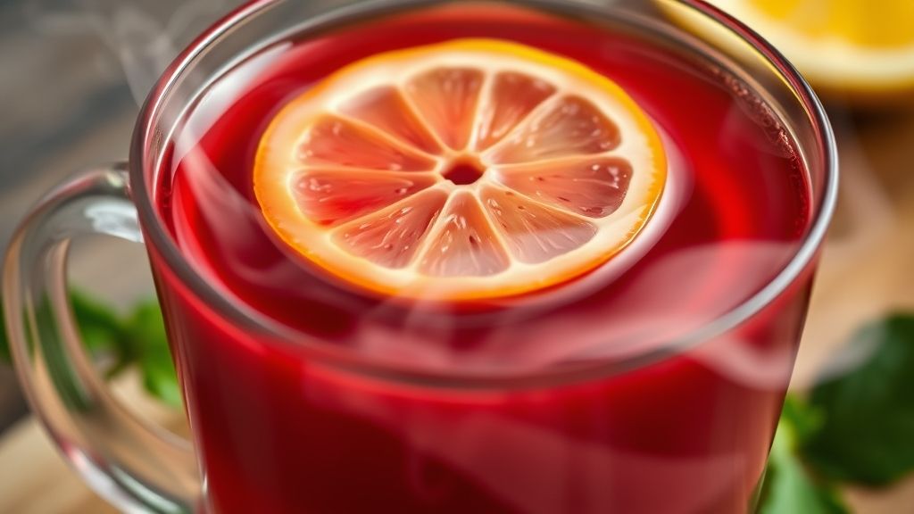 Close-up do chá detox servido em copo transparente, com textura avermelhada e rodelas de limão