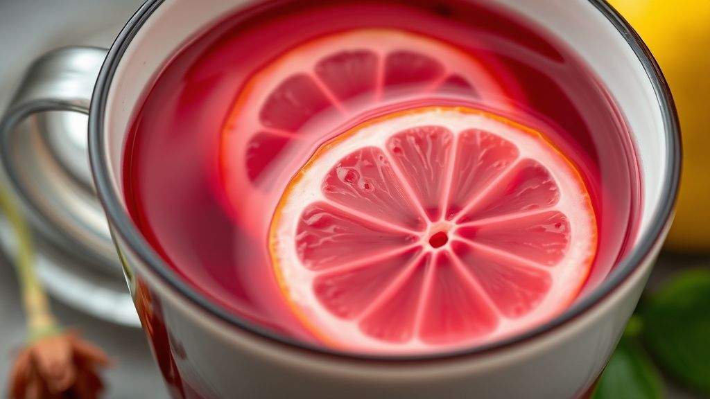 Close-up do chá detox pronto, destacando a cor avermelhada e fatias de limão flutuando